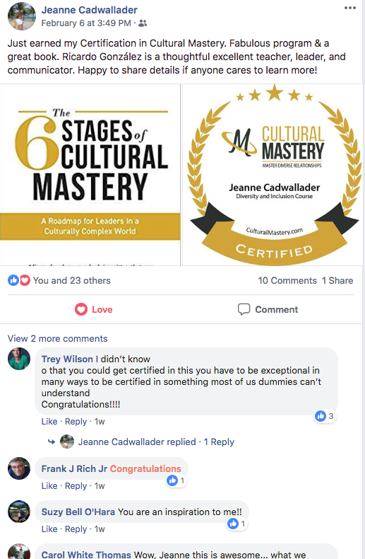 Facebook Example Post with Cultural Mastery Certification Badge and Book Image