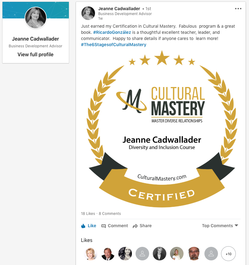 LinkedIN Example Post with Cultural Mastery Certification Badge