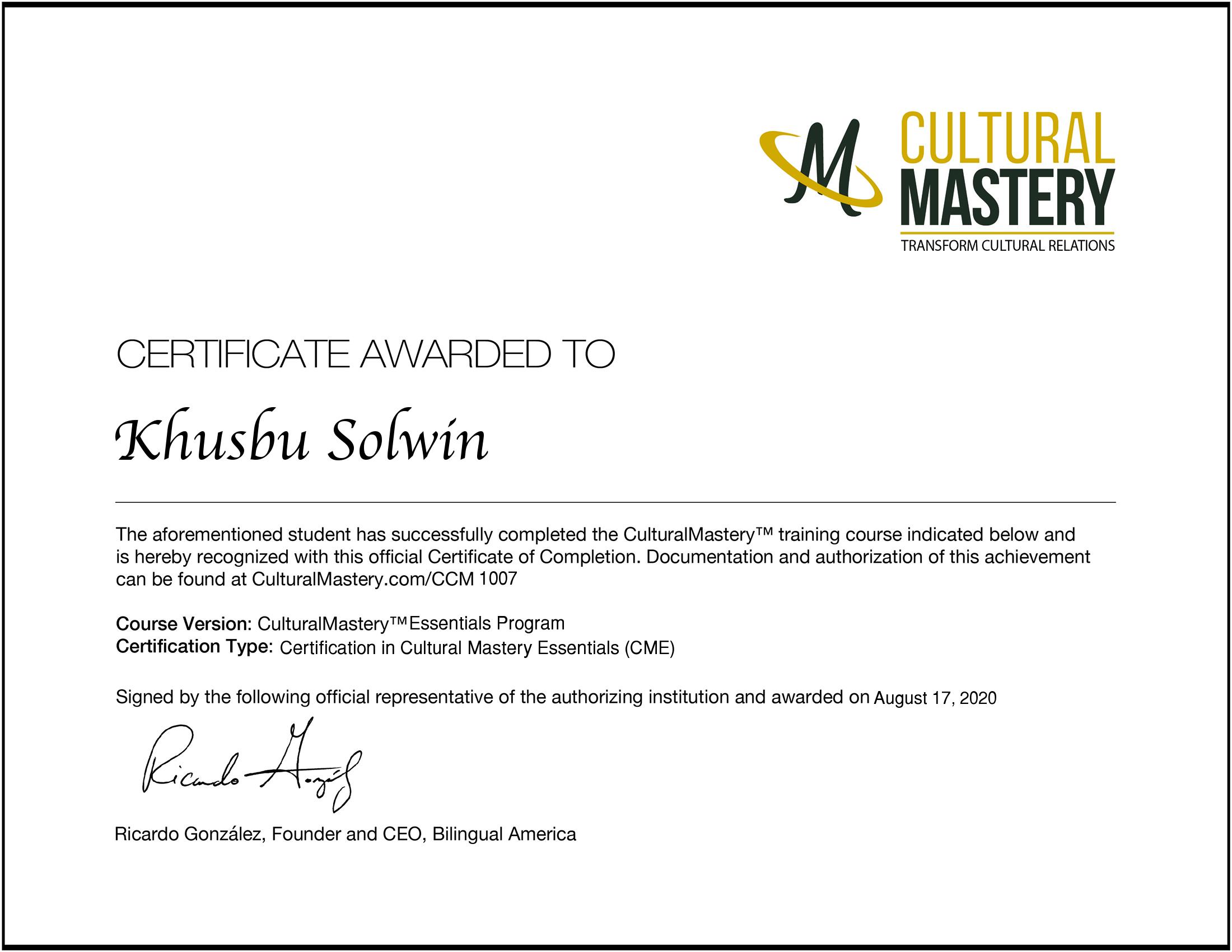 Certification in Cultural Mastery - Khusbu Solwin