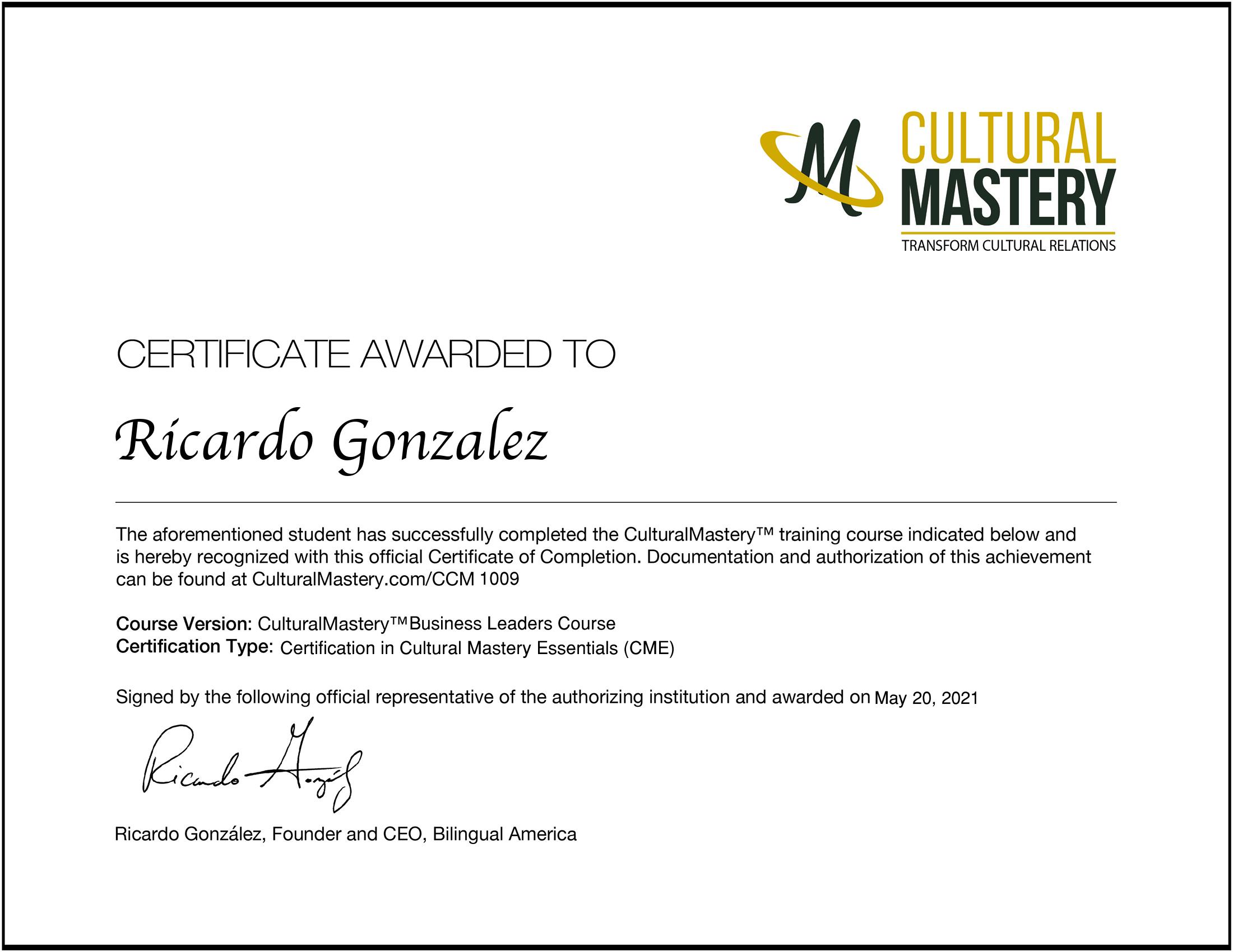 Certification in Cultural Mastery - Ricardo Gonzalez