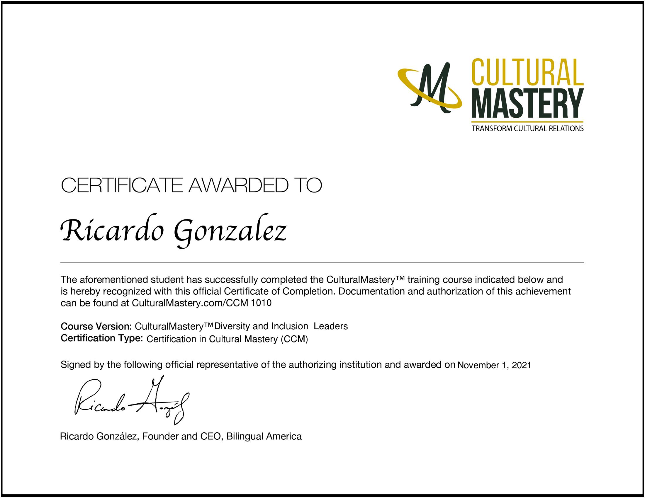 Certification in Cultural Mastery - Ricardo Gonzalez