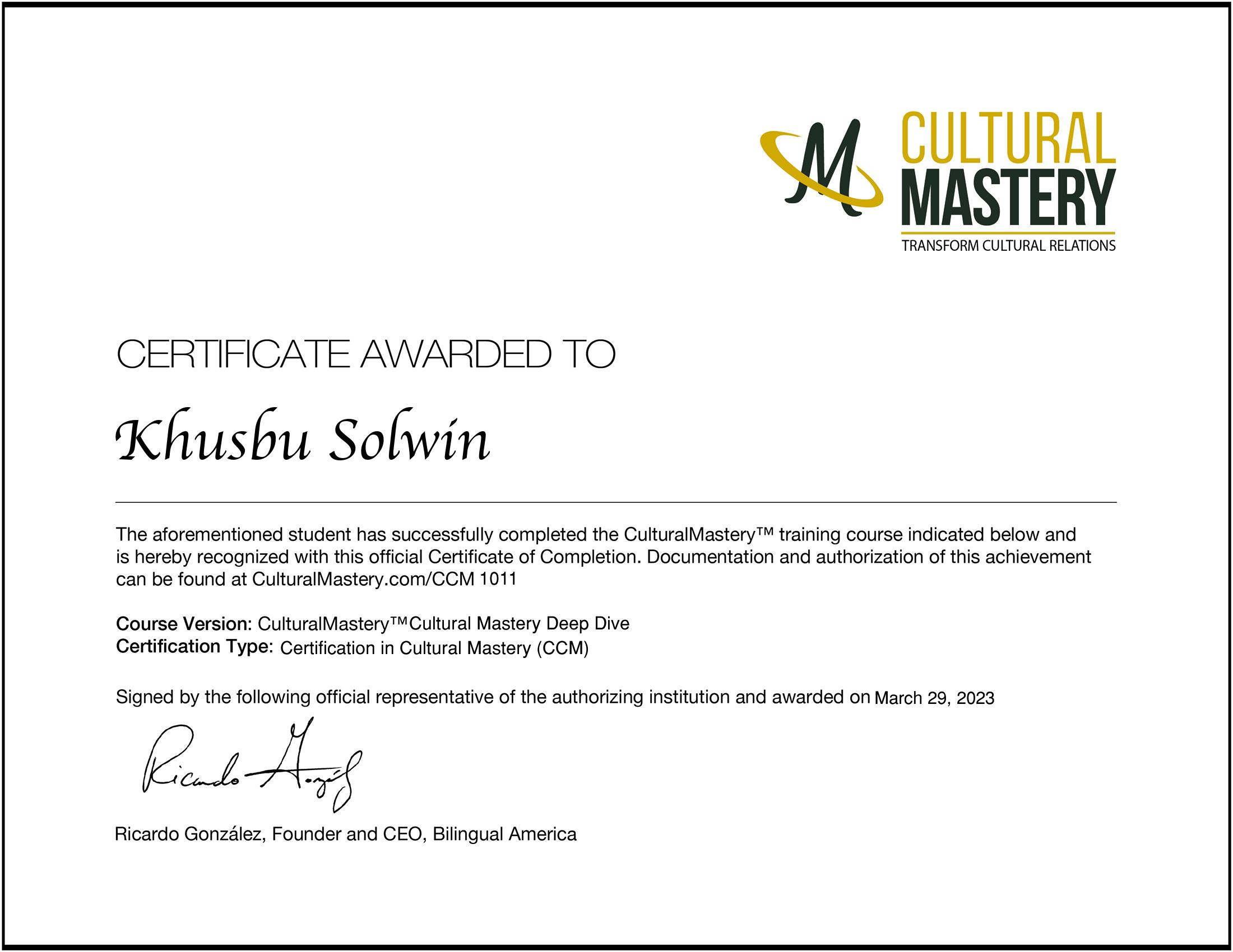Certification in Cultural Mastery - Khusbu Solwin